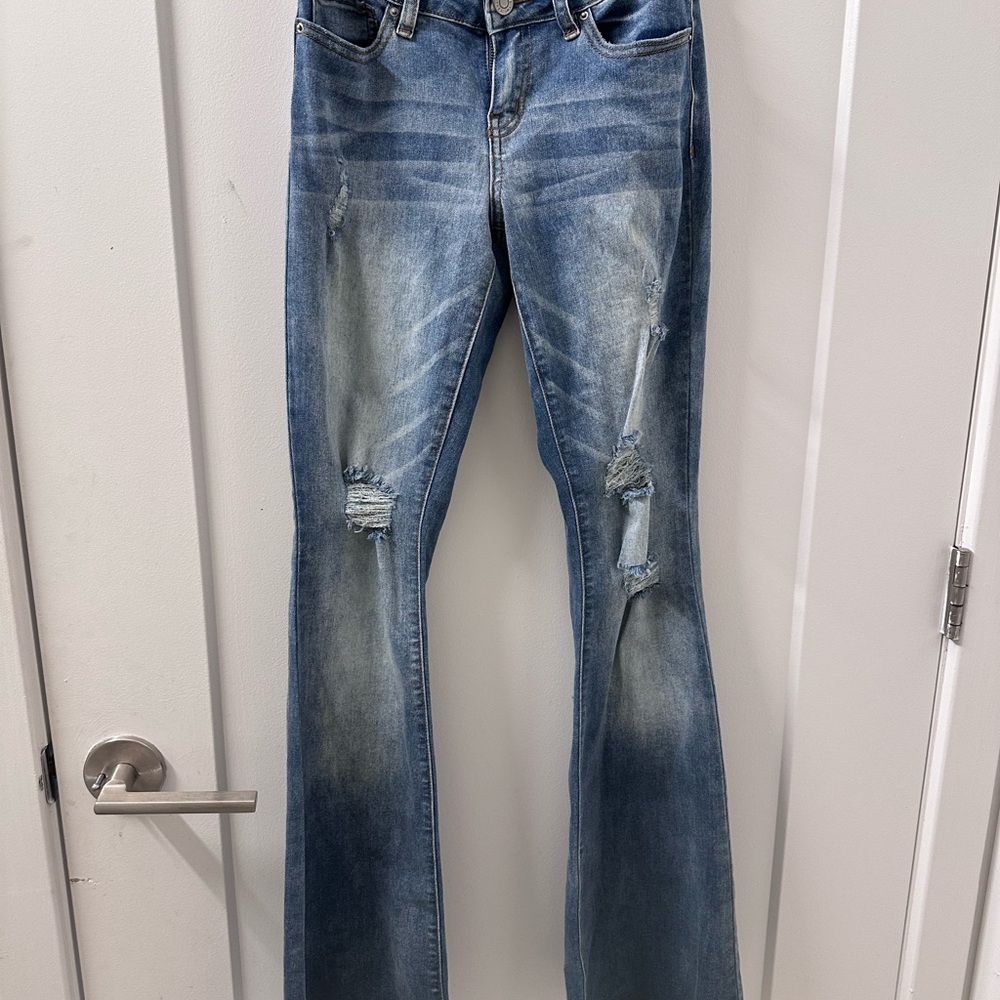 YMI Blue Flare Wide Leg Jeans with Distressed Details
